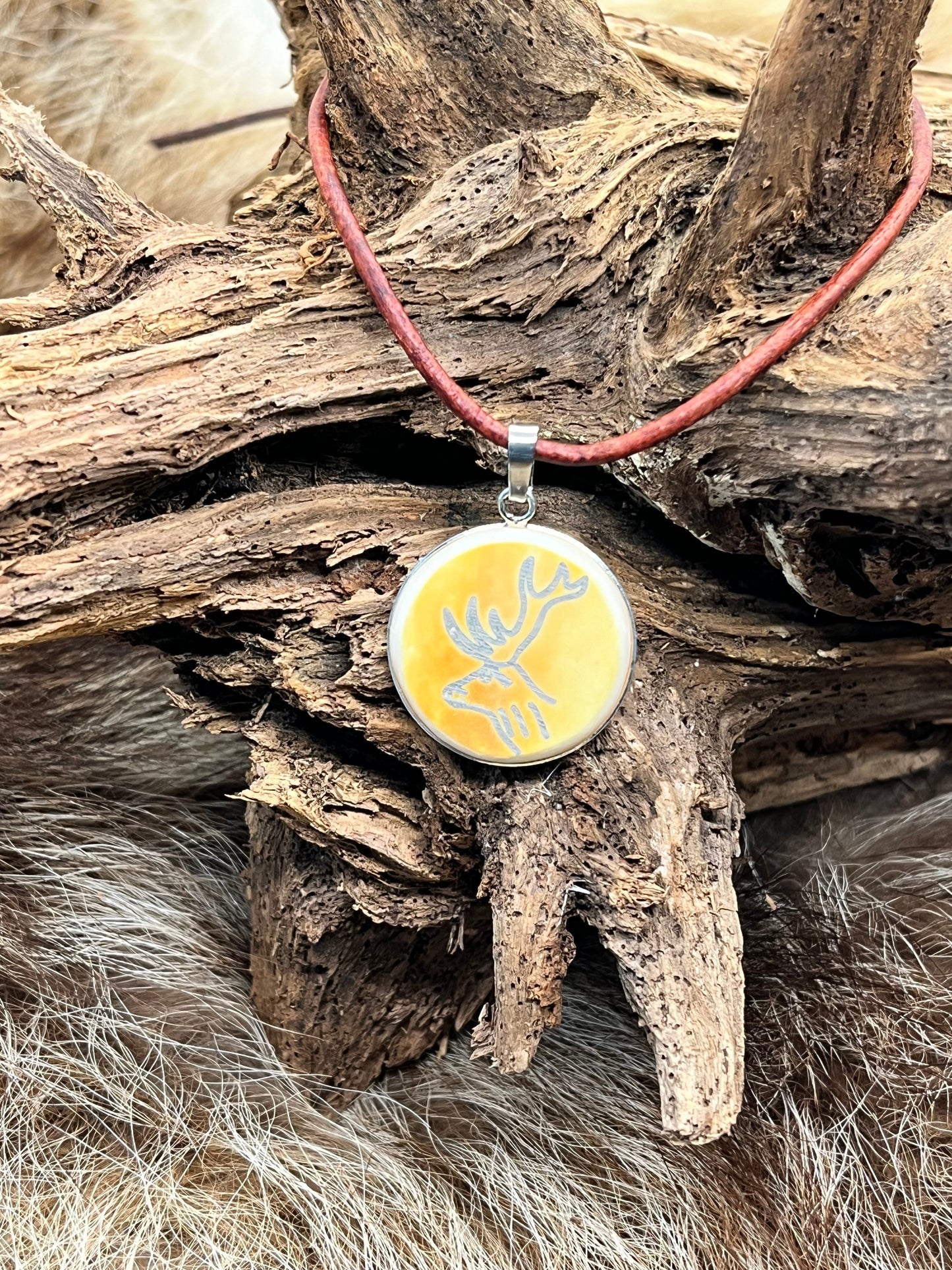 Medaillon aus Büffelbein „Rothirsch“